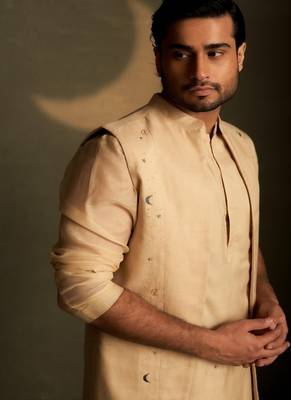 Beige plain chanderi nehru jacket 4