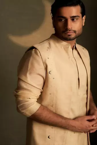 Beige plain chanderi nehru jacket