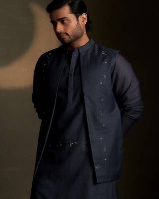 Blue embroidered chanderi nehru jacket 1