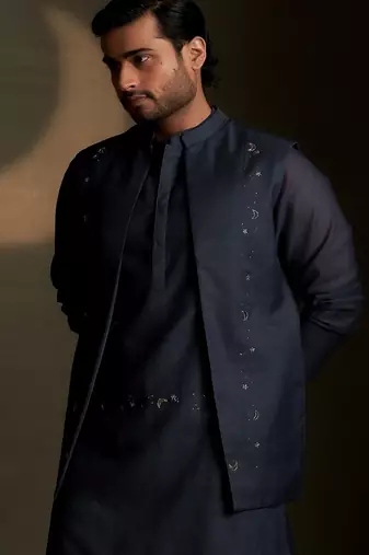 Blue embroidered chanderi nehru jacket