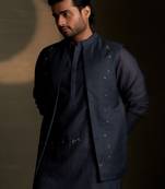 Blue embroidered chanderi nehru jacket