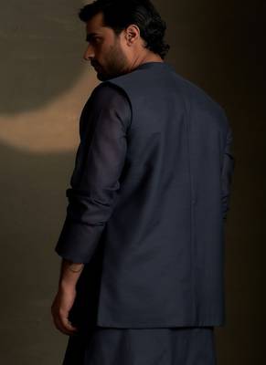Blue embroidered chanderi nehru jacket 2