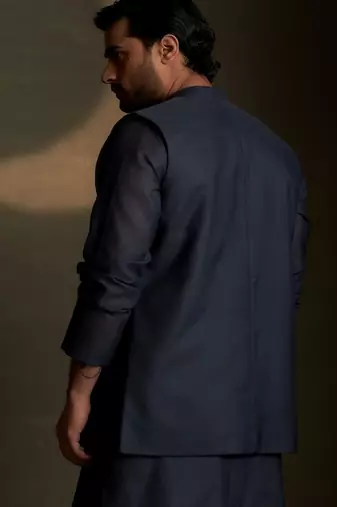 Blue embroidered chanderi nehru jacket