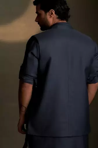 Blue embroidered chanderi nehru jacket