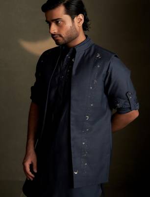 Blue embroidered chanderi nehru jacket 4