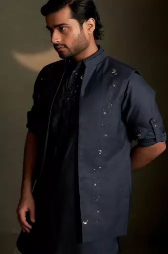 Blue embroidered chanderi nehru jacket