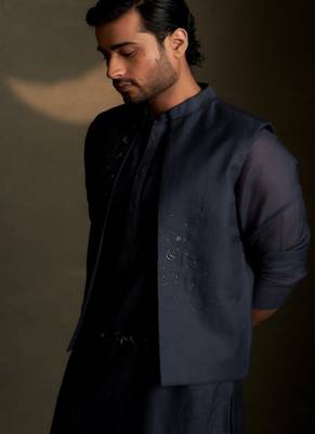 Blue plain chanderi nehru jacket 1