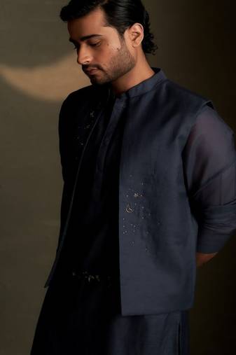 Blue plain chanderi nehru jacket
