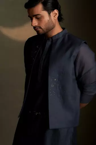 Blue plain chanderi nehru jacket