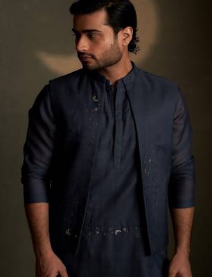 Blue plain chanderi nehru jacket 2