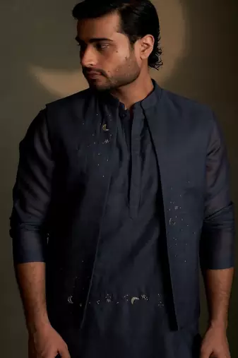 Blue plain chanderi nehru jacket