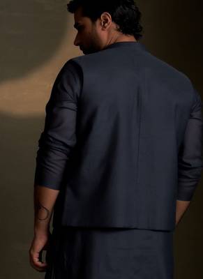 Blue plain chanderi nehru jacket 3