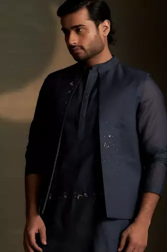Blue plain chanderi nehru jacket