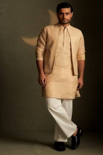 Beige plain chanderi nehru jacket