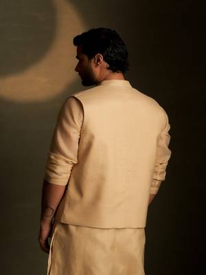 Beige plain chanderi nehru jacket 2