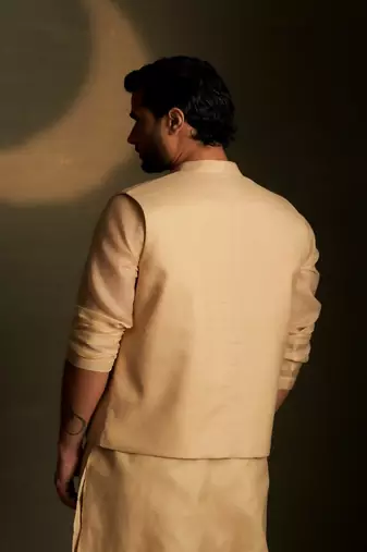 Beige plain chanderi nehru jacket