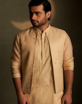 Beige plain chanderi nehru jacket 3