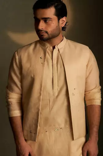 Beige plain chanderi nehru jacket