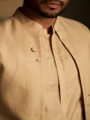 Beige plain chanderi nehru jacket 4