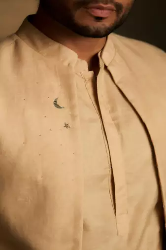 Beige plain chanderi nehru jacket