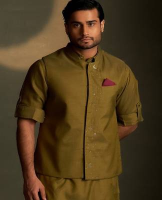 Green plain chanderi nehru jacket 1