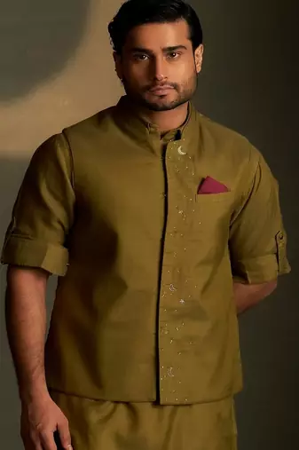 Green plain chanderi nehru jacket