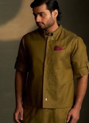Green plain chanderi nehru jacket 2