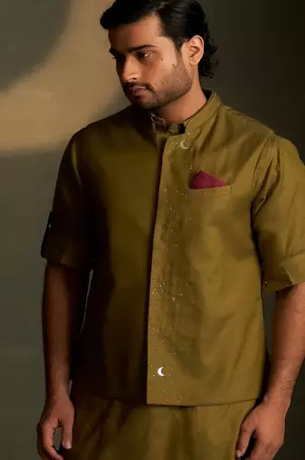 Green plain chanderi nehru jacket
