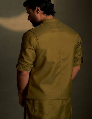 Green plain chanderi nehru jacket 3