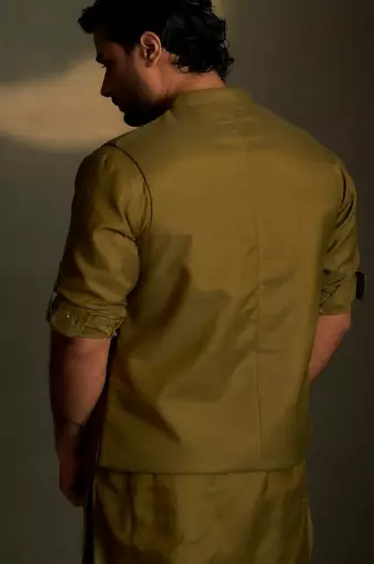 Green plain chanderi nehru jacket