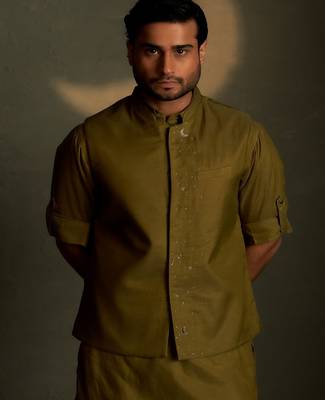 Green plain chanderi nehru jacket 4