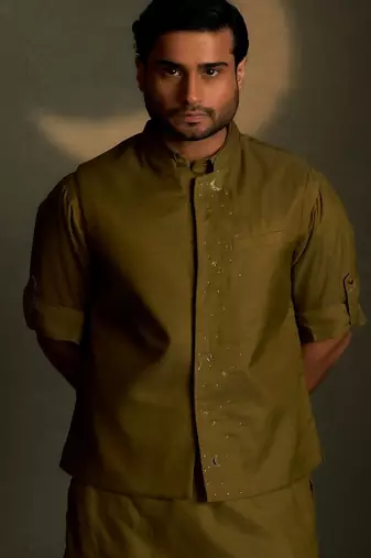 Green plain chanderi nehru jacket