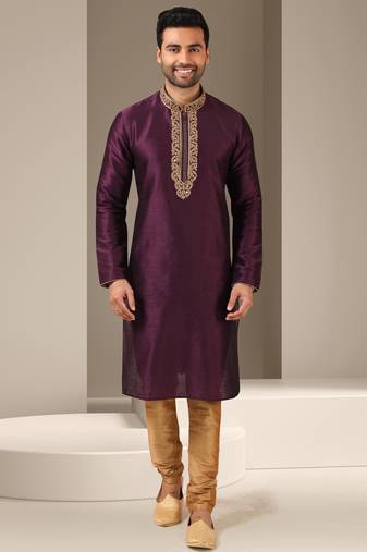 Men's magenta  kurta with banarasi art  silk and without lining