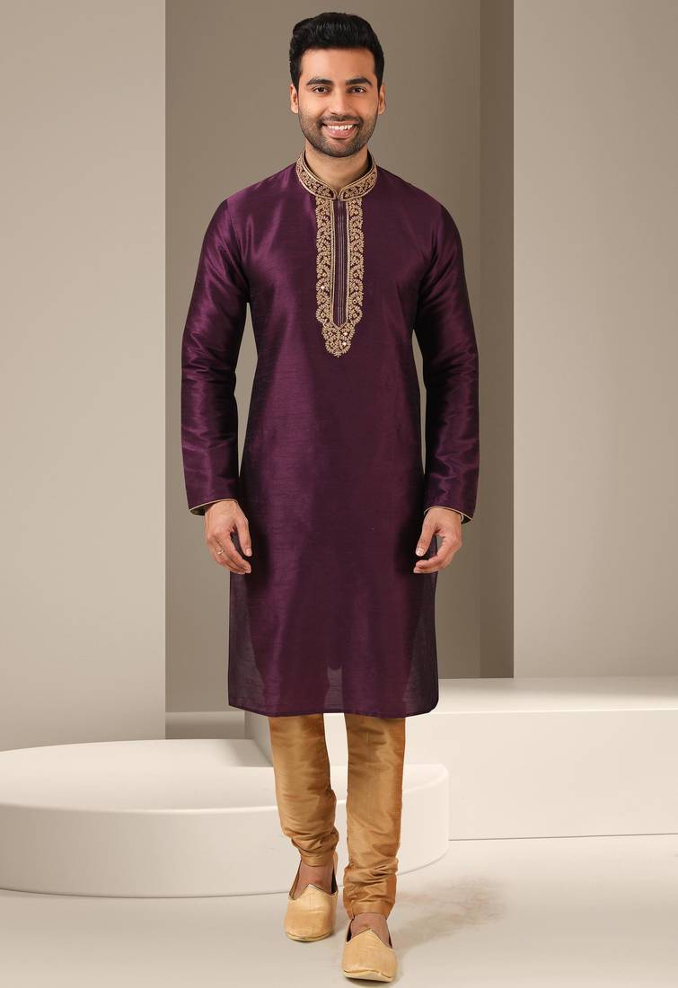 Men's magenta  kurta with banarasi art  silk and without lining