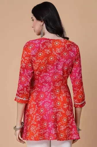 Bandhani Print Rayon Short Kurti with Gota Work – Festive & Casual Wear Top for Women