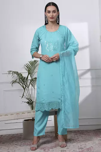 slik blend sea green straight kurta dupatta pant set cotton lining kurta