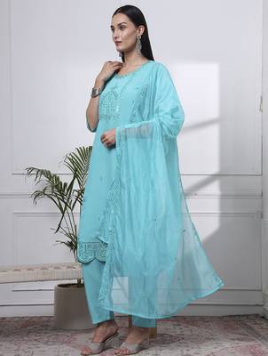 slik blend sea green straight kurta dupatta pant set cotton lining kurta 2