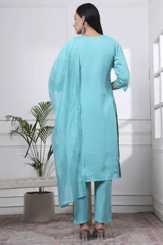 slik blend sea green straight kurta dupatta pant set cotton lining kurta