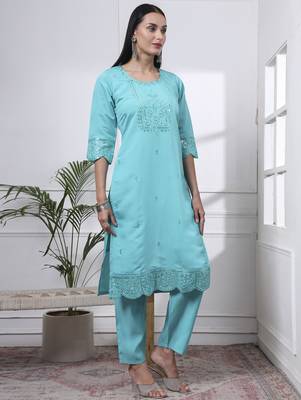 slik blend sea green straight kurta dupatta pant set cotton lining kurta 5