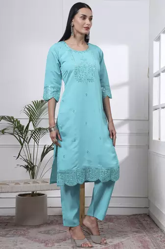slik blend sea green straight kurta dupatta pant set cotton lining kurta