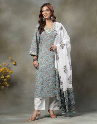 sky blue paisley cotton straight kurta white trouser white dupatta set 1