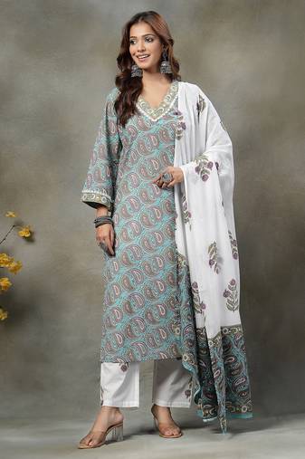 sky blue paisley cotton straight kurta white trouser white dupatta set