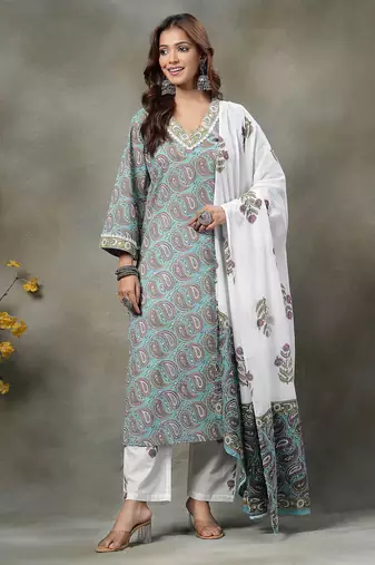 sky blue paisley cotton straight kurta white trouser white dupatta set