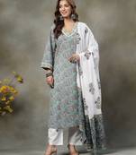 sky blue paisley cotton straight kurta white trouser white dupatta set