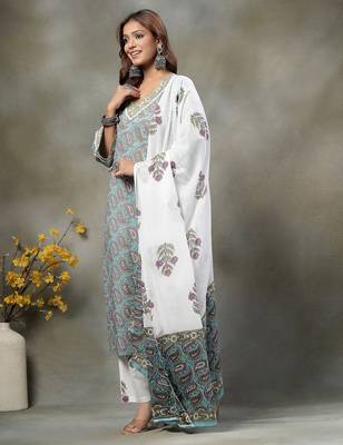 sky blue paisley cotton straight kurta white trouser white dupatta set 2