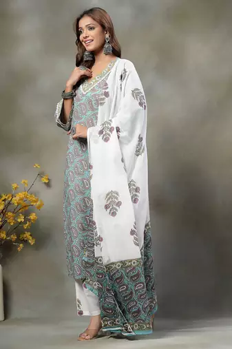 sky blue paisley cotton straight kurta white trouser white dupatta set