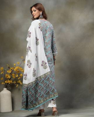 sky blue paisley cotton straight kurta white trouser white dupatta set 3