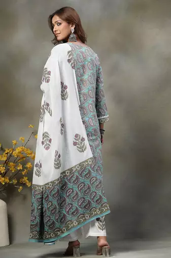 sky blue paisley cotton straight kurta white trouser white dupatta set