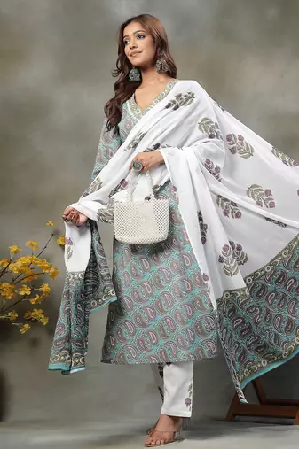 sky blue paisley cotton straight kurta white trouser white dupatta set