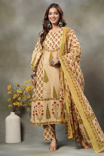 green and peach floral print cotton a-line kurta and trouser with dupatta set